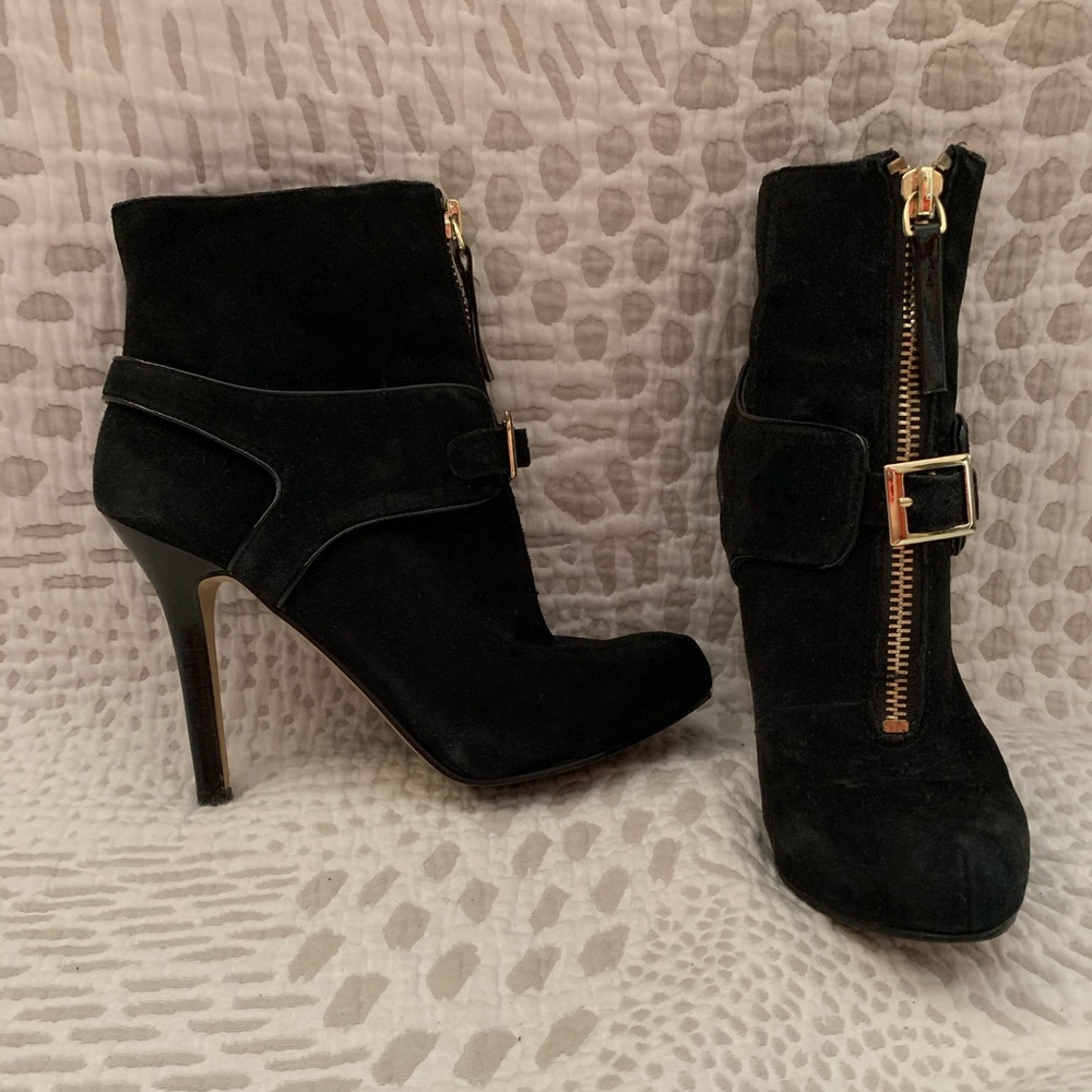 black platform suede booties with gold zipper
